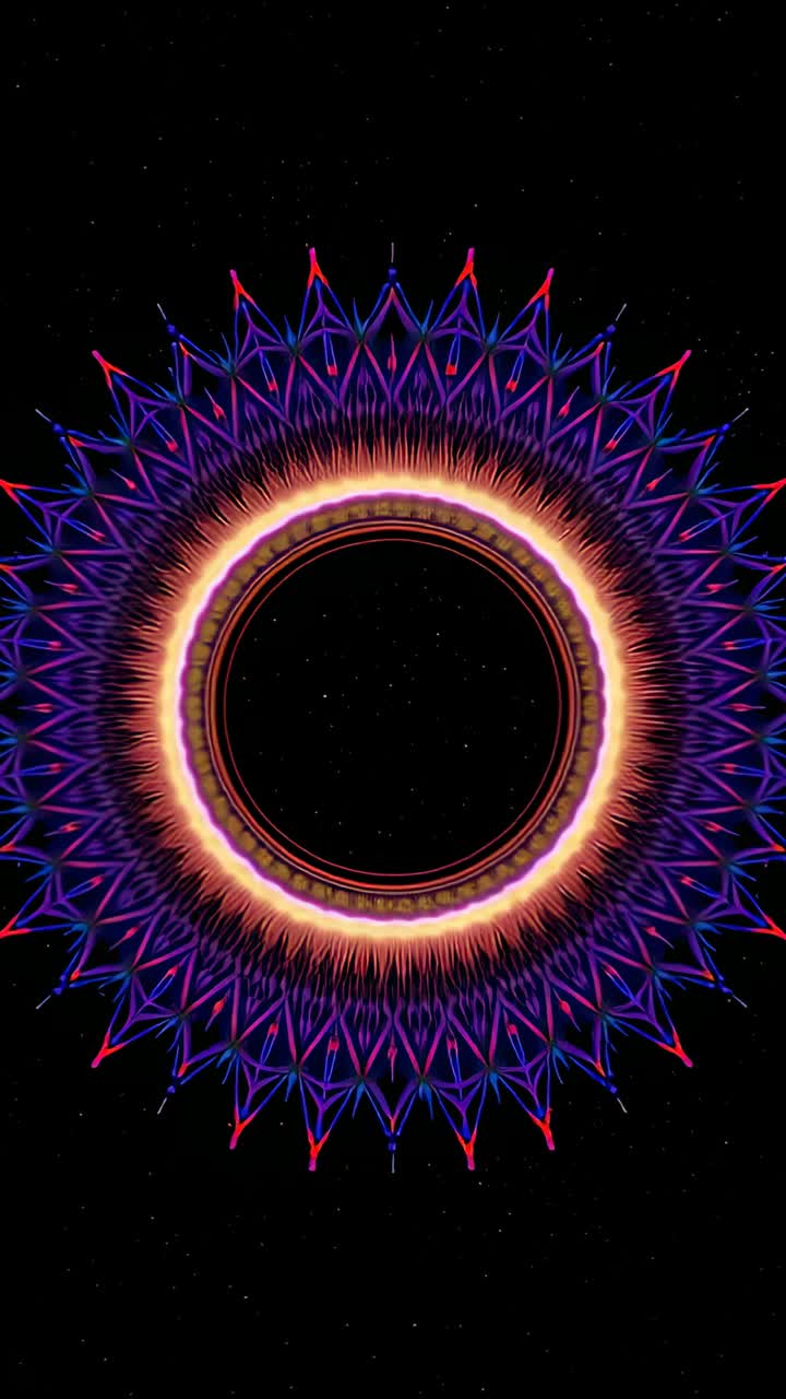 Video verticale: caricamento di un mandala luminoso e pulsante, con punte che emergono e ruotano su un vuoto stellato in loop