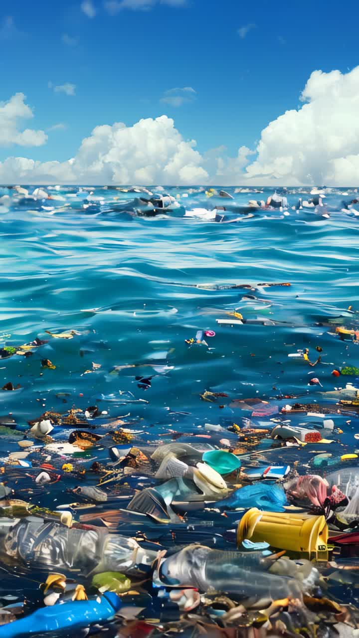 Cumuli di rifiuti di plastica galleggianti sull'acqua. Concetto di inquinamento ambientale e degli oceani