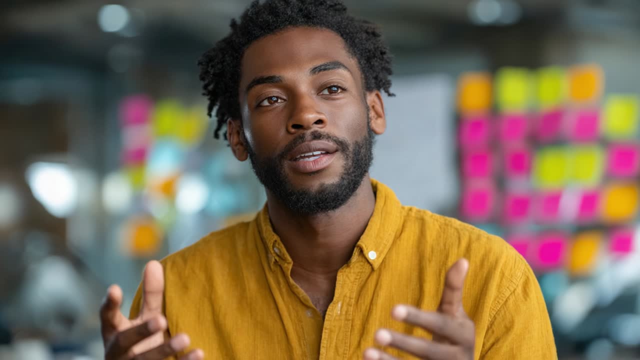 A confident individual passionately engages in a conversation, using expressive hand gestures to emphasize points, showcasing effective communication skills while surrounded by a vibrant, creative workspace filled with notes