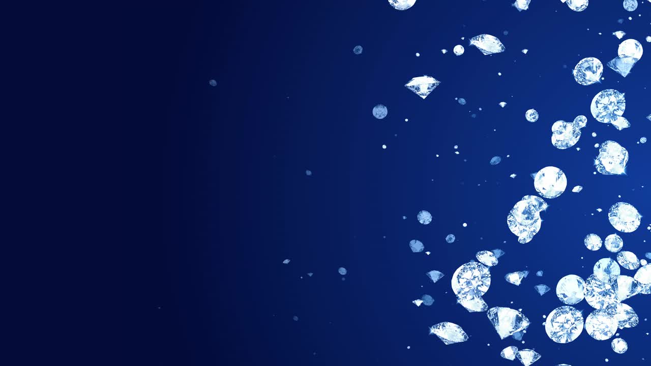 Abstract animation of falling diamonds left slow motion black background 3d 4k presentation christms
