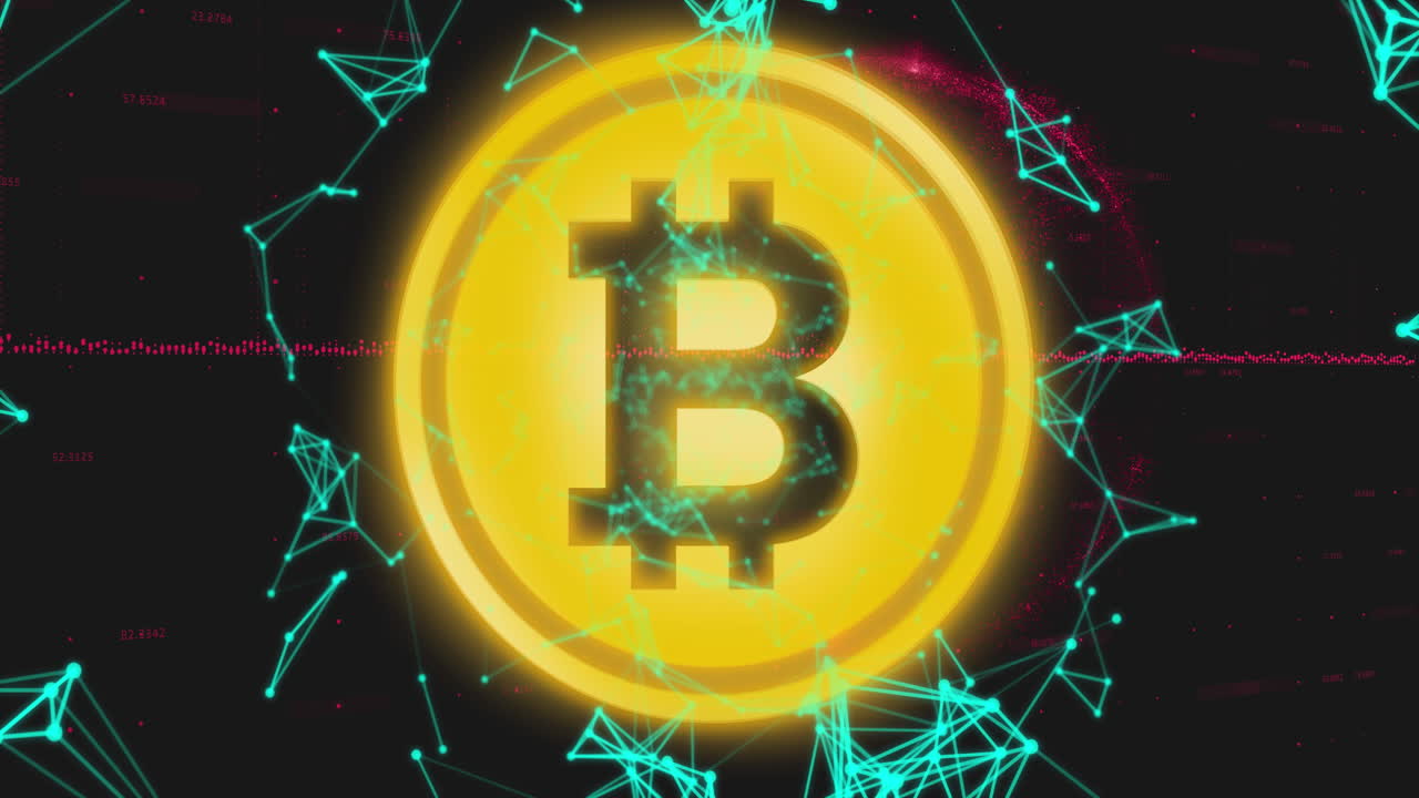 animación de la red de conexiones a través del símbolo de bitcoin y el procesamiento de datos contra el globo giratorio