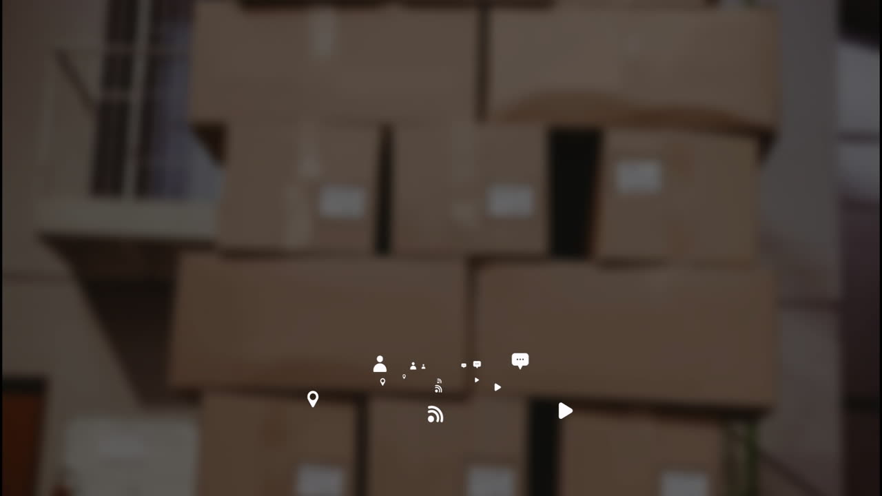 Stacked cardboard boxes with animation of social media icons in foreground