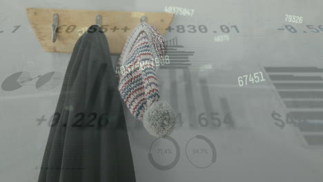animation of changing numbers, graphs, trading board, clothes hanged on hook at home