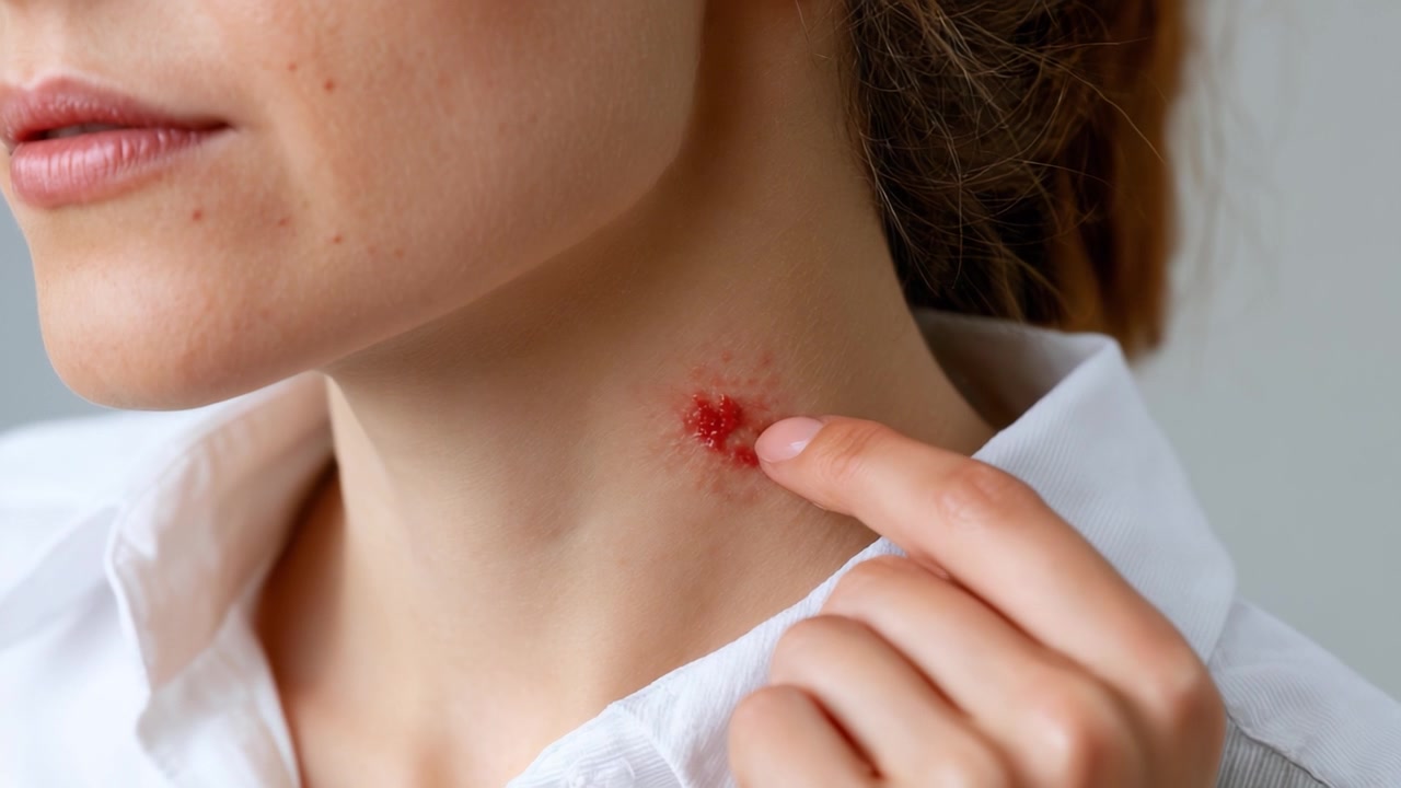 Detailed Examination of a Skin Lesion: Close-Up View of a Red Mark on the Neck with a Finger Pointing to the Affected Area Highlighting Skin Issues