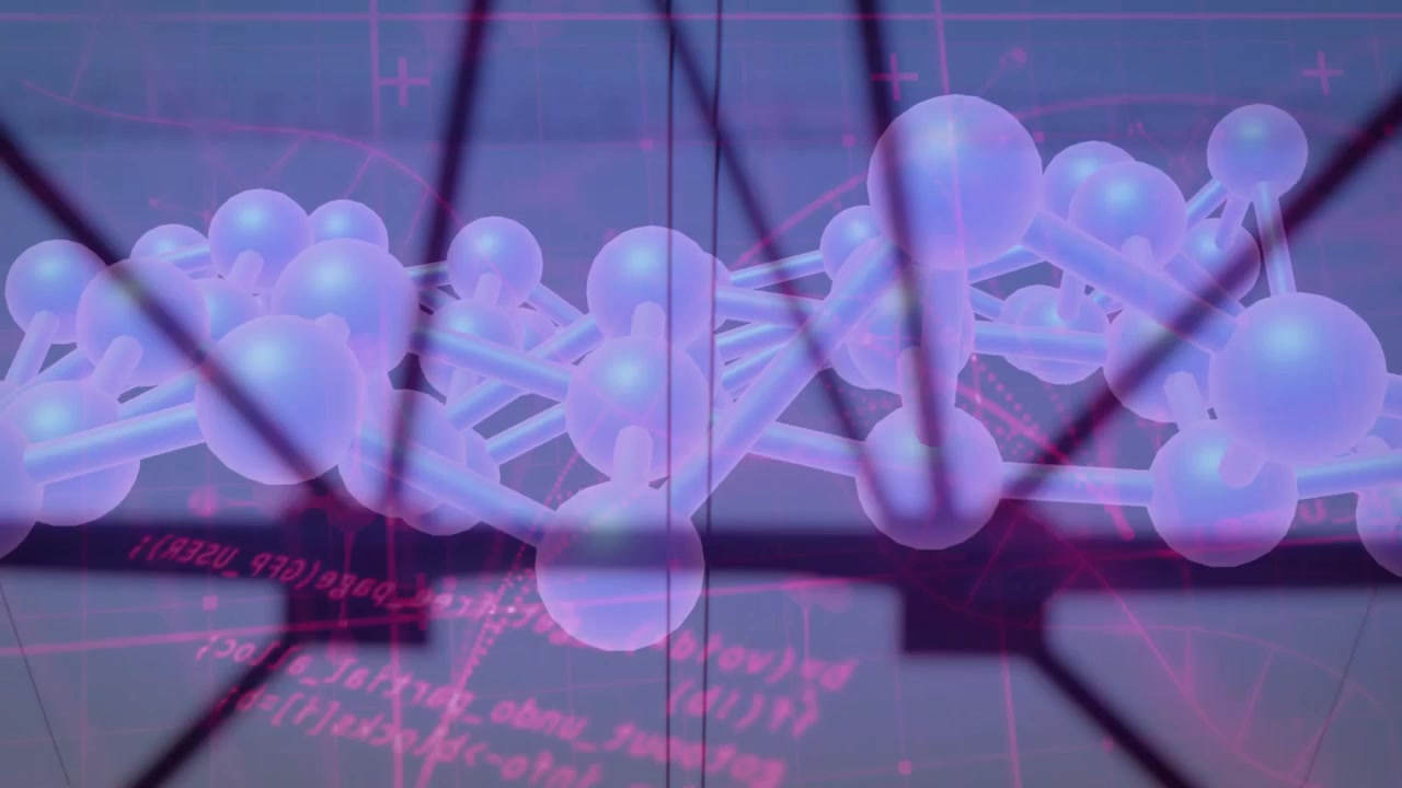Closeup molecular chain, cables moving and camera pulling revealing pulsing red script and towers