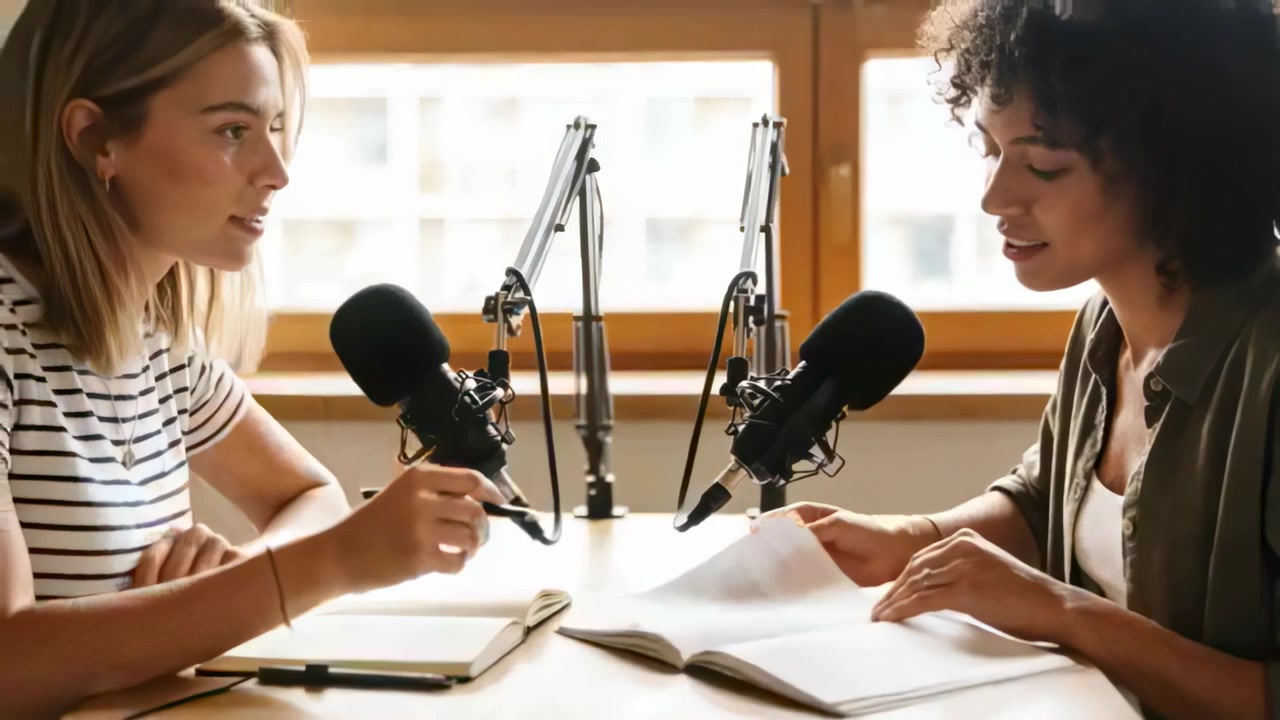 Adjusting mics, two hosts in striped tee, olive top gesturing, reviewing notes recording at studio