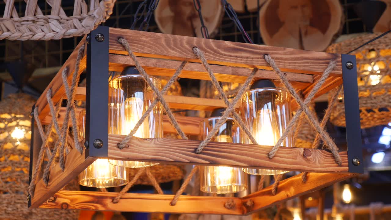 Modern Industrial Chandelier with Wooden Frame and Glass Cylinders