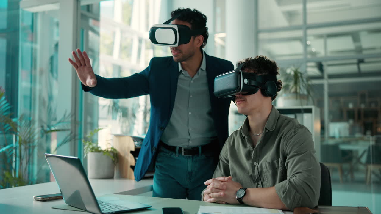 Two Men Collaborating with VR Headsets in a Modern Office