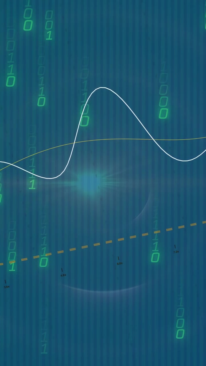 Vertical video: On SCAN_01 white wave moving right while green binary rain falling showing data