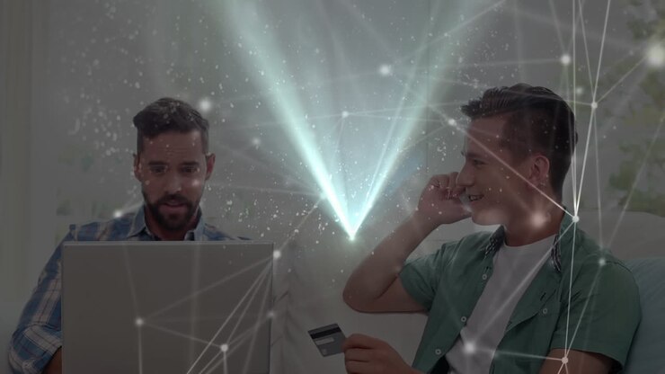 Animation of network of connections over man paying online using laptop