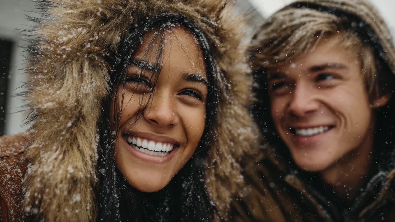 Joyful Smiles in a Winter Wonderland: Two Friends Enjoy Snowy Adventures Together, Sharing Laughter and Cherishing Moments While Dressed in Cozy Fur Hoods