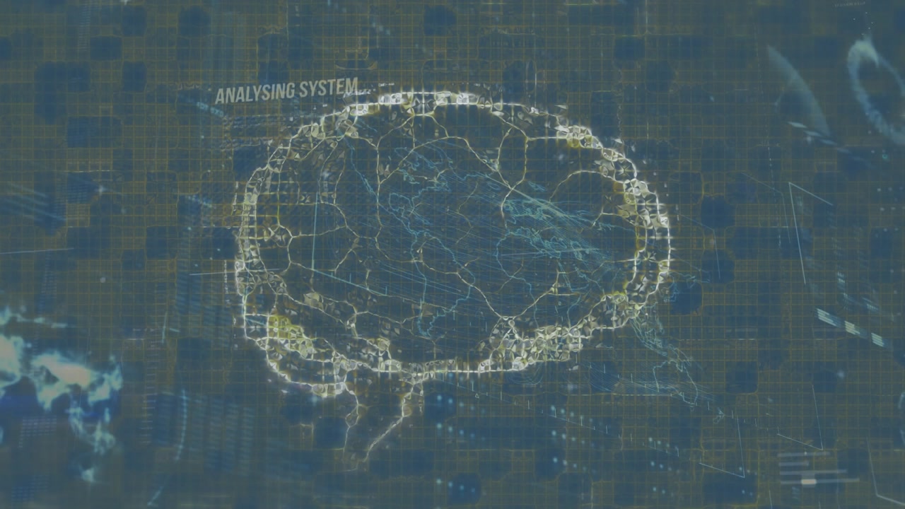 On grid interface loading brain network tracing neural outlines while nodes pulsing for analysis