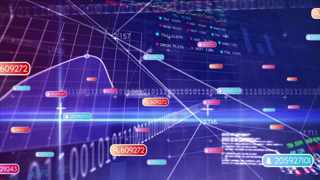 Digital dashboard displaying curved graph moving across gradient grid, highlighting binary streams