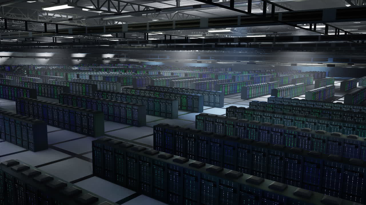 Server hub gear managing data needed for cryptocurrency mining, aerial shot