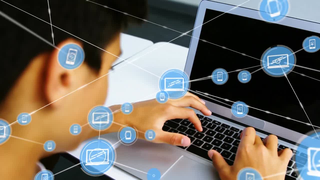 red de iconos de conexiones contra un estudiante masculino que usa una computadora portátil