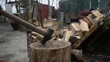 chopping a log of wood at 40% speed, rural area