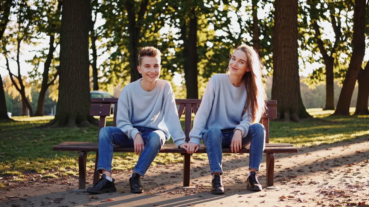 Two people in matching outfits sit on a park bench, captured from a side angle