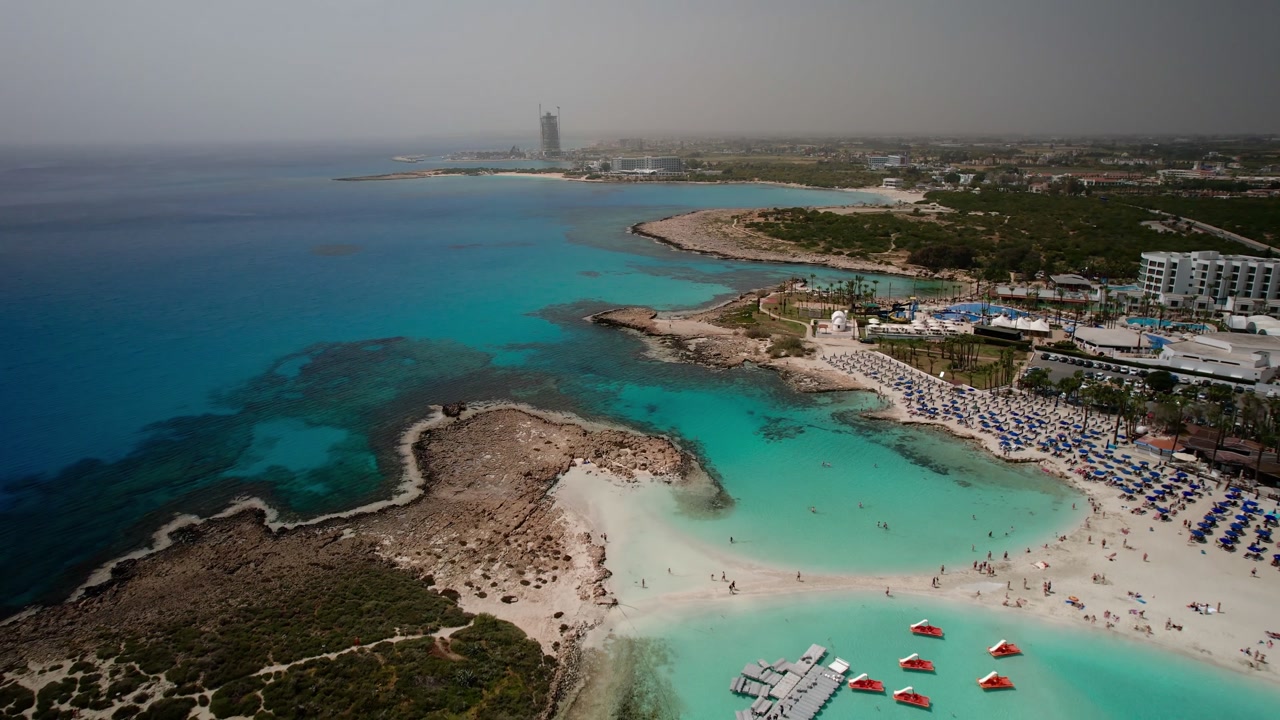 Aerial view of the famous nissi beach in ayia napa with its crystal clear turquoise water