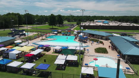 aerial view of city of siloam springs family aquatic center swimming pool in arkansas, usa