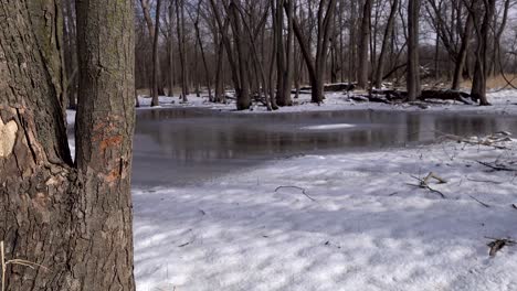 frozen pond in winter ice and snow truck shot