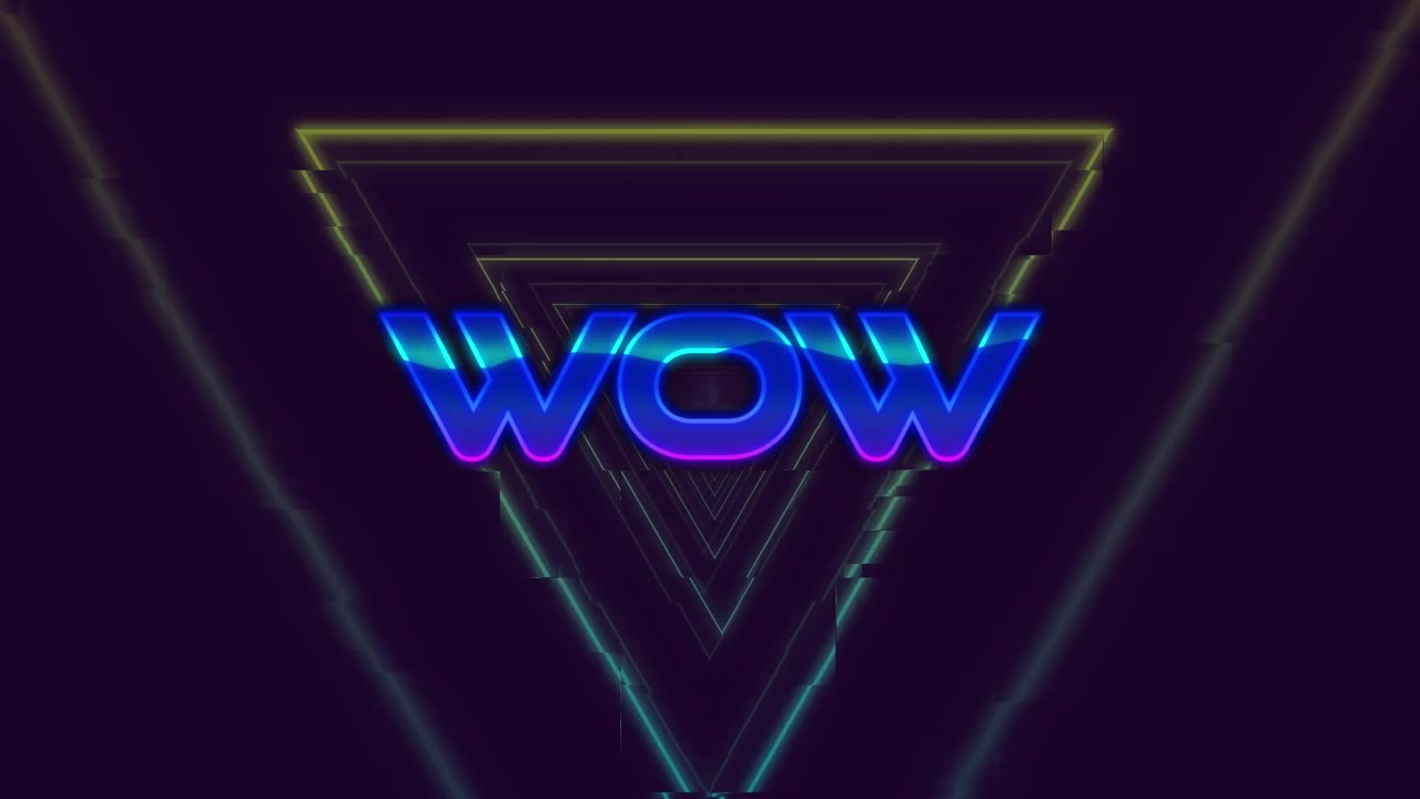 Animazione del testo "wow" su forme geometriche colorate in movimento su uno sfondo scuro