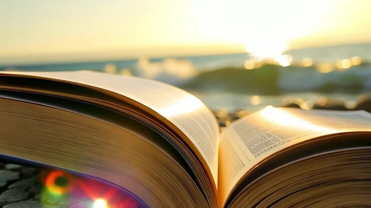 Open book rests on rocks by the ocean, illuminated by the sun's rays, creating a serene and peaceful atmosphere