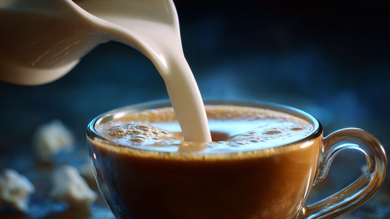 Experiência Deliciosa de Café Cremoso: Despejando Leite Fresco em uma Xícara Fumegante, Capturando a Combinação Perfeita de Aromas e Sabores Ricos em Cada Gole
