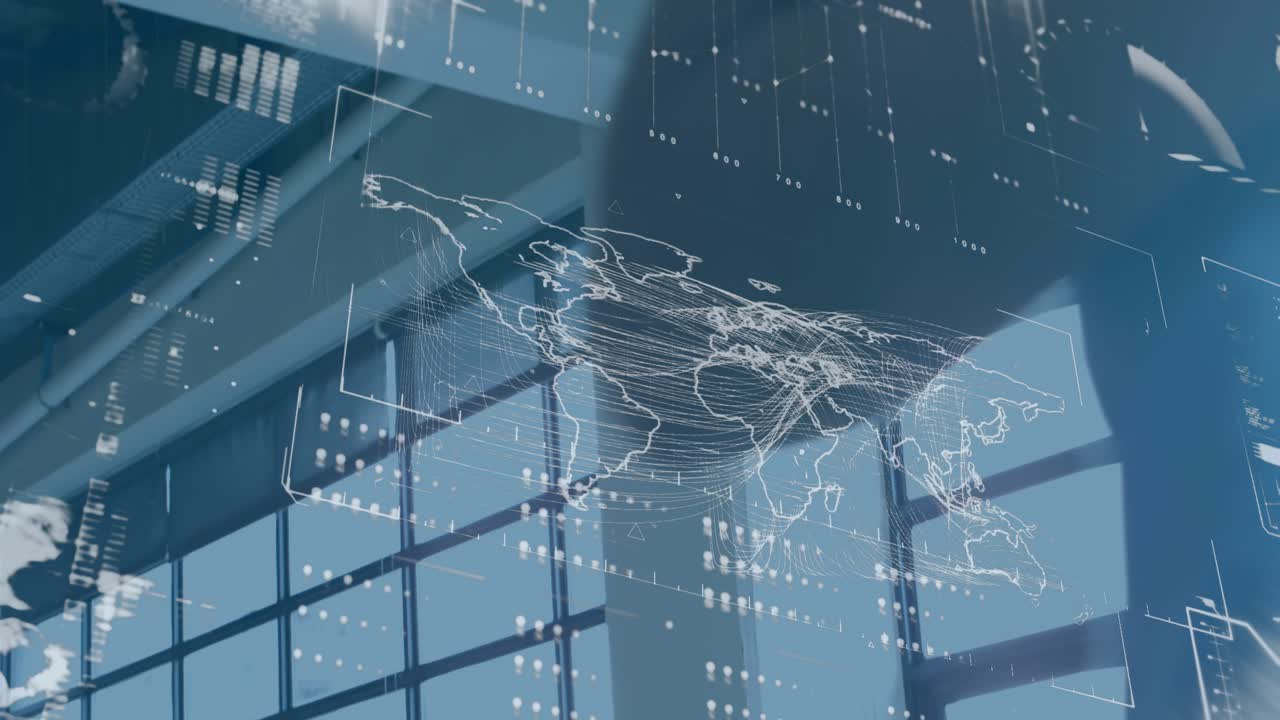 Animation of world map and data processing over diverse doctors at hospital