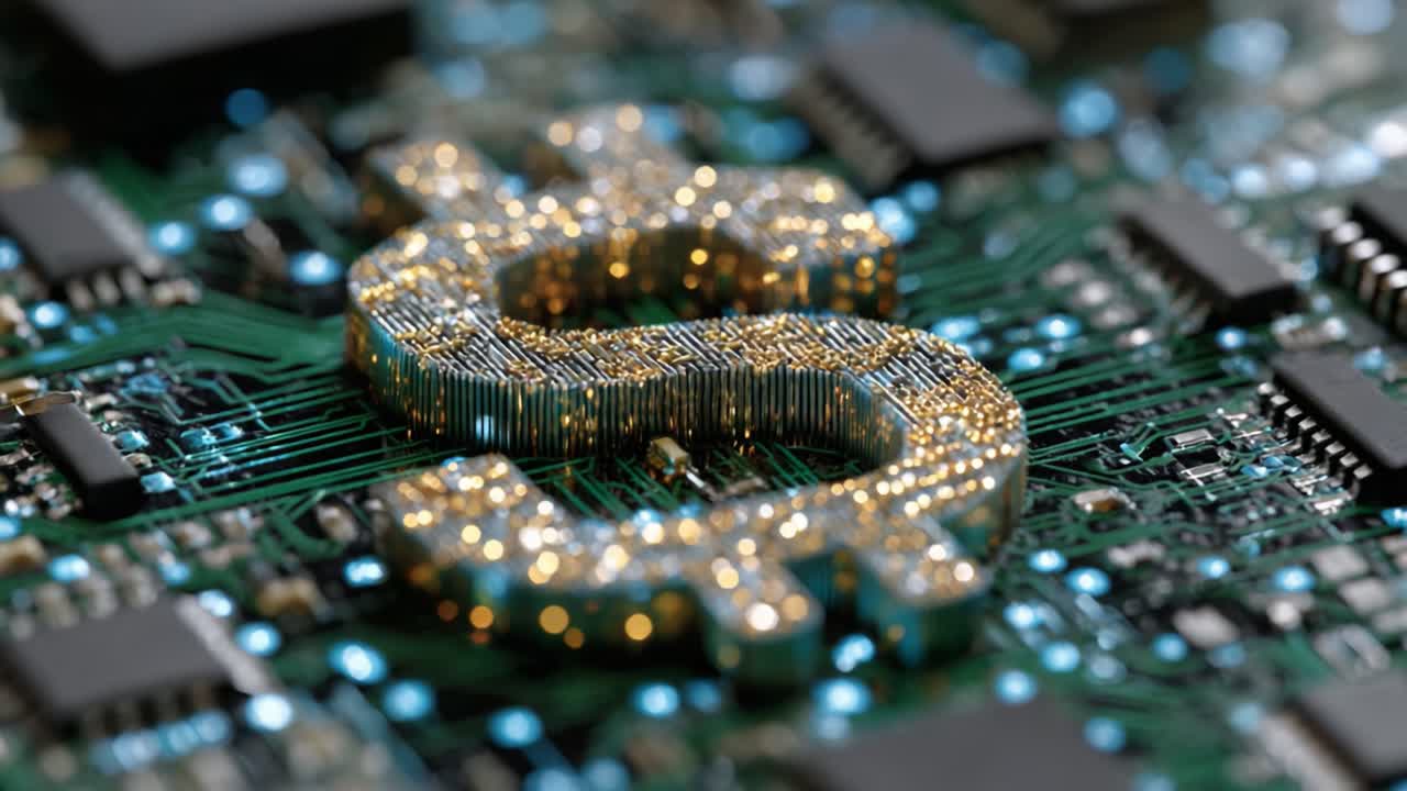 Close-Up of a Shimmering Dollar Sign on a Circuit Board, Highlighting the Intersection of Technology and Finance in the Digital Age