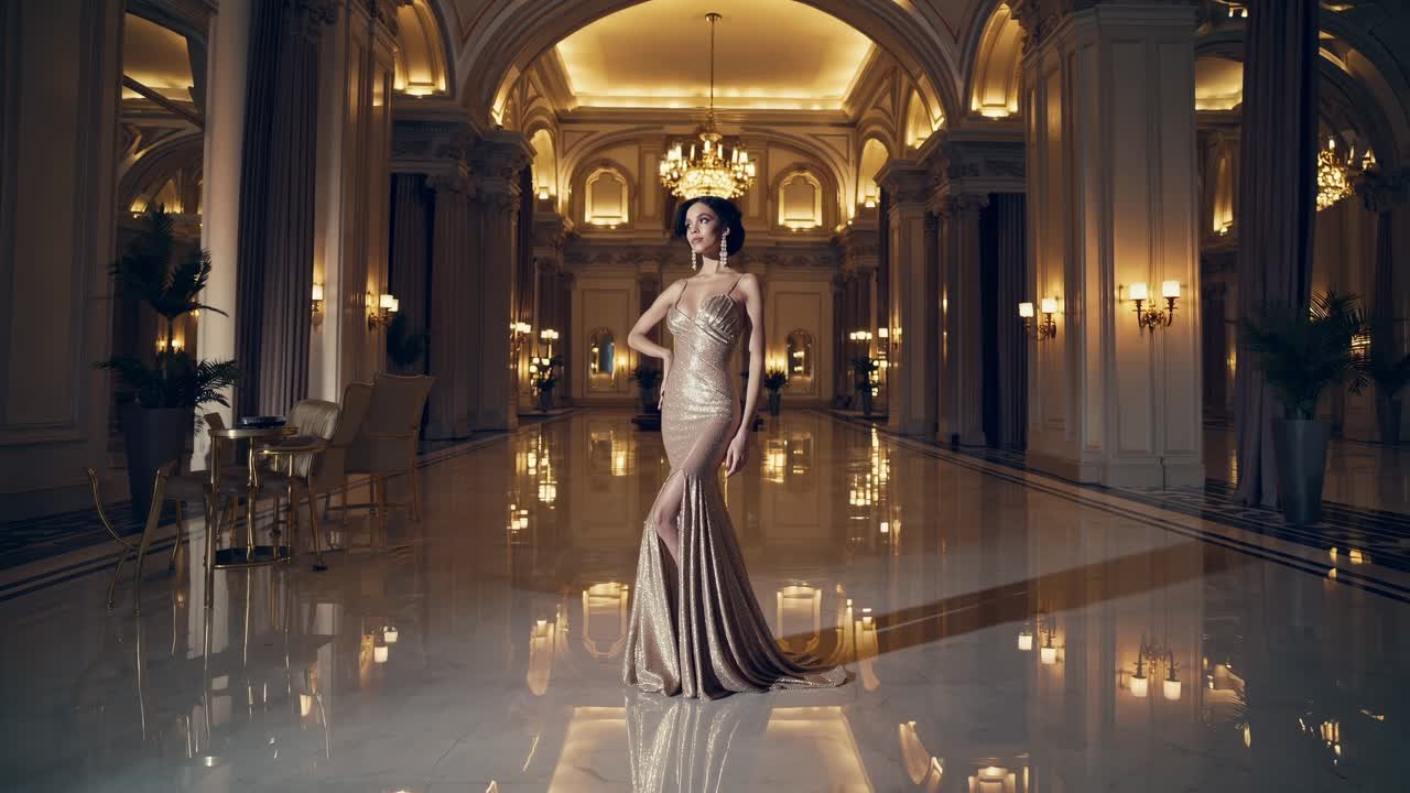 Fashion model wearing a glamorous golden gown, posing in the opulent lobby of a luxury hotel, exuding sophistication and charm amidst the polished marble floor and shimmering chandeliers