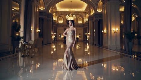 fashion model wearing a glamorous golden gown, posing in the opulent lobby of a luxury hotel, exuding sophistication and charm amidst the polished marble floor and shimmering chandeliers