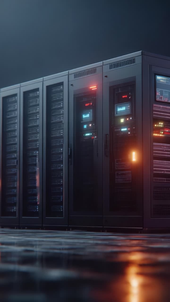 Un data center futuristico che mostra rack server high-tech illuminati da LED colorati, che riflettono il mondo moderno del cloud computing e della gestione dei dati