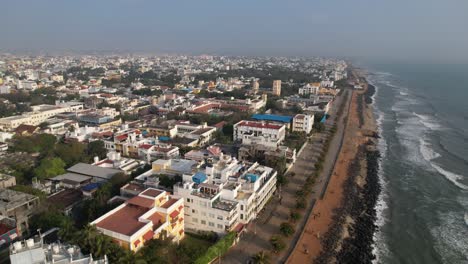 an aerial video showing historic structures in one of the oldest french colonies, bharathi park puducherry, also referred to as pondycherry