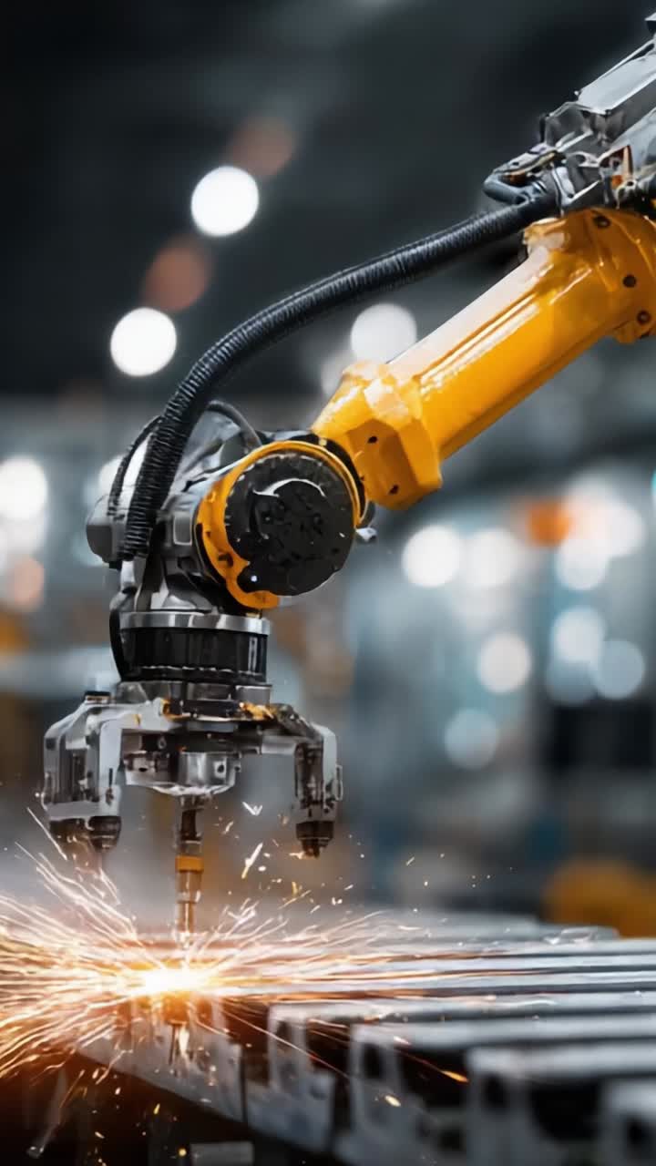 Automated Industrial Robot Arm Performing Precision Cutting with Sparks in Modern Manufacturing Environment, Showcasing Advanced Technology and Innovation