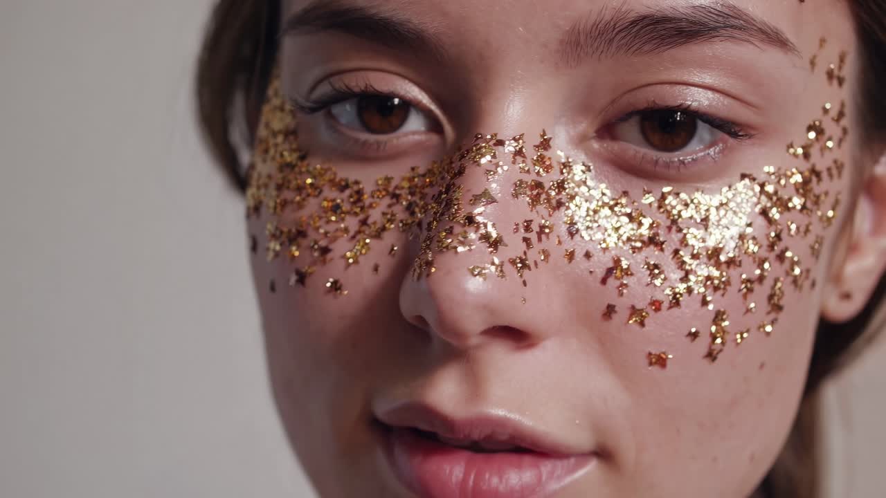 Giovane donna con glitter dorati a forma di stella sul viso, che mostra una trasformazione in primo piano, evidenziando bellezza e creatività in un'avvincente sequenza in movimento