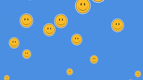 Emoji-De-Cara-Sonriente-Múltiple-Moviéndose-Contra-El-Fondo-Azul