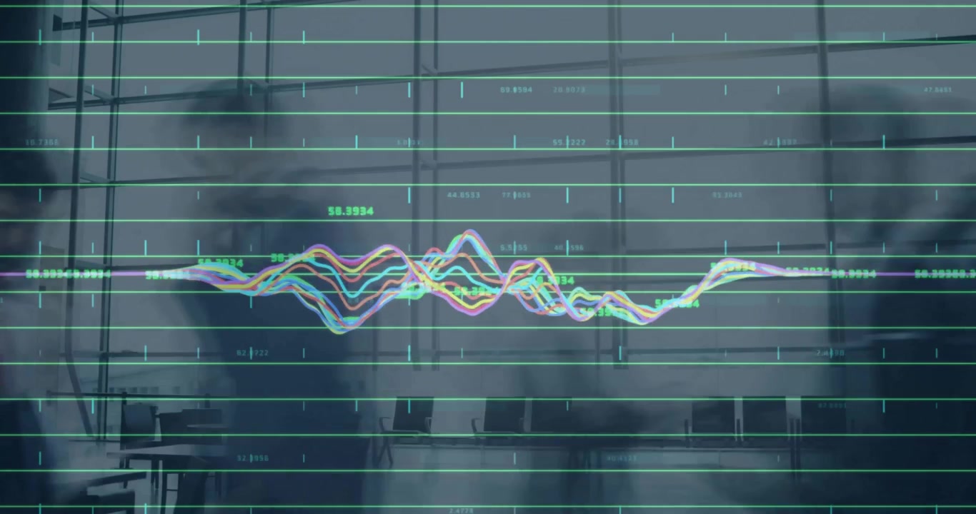 Animation of financial data processing over people in office