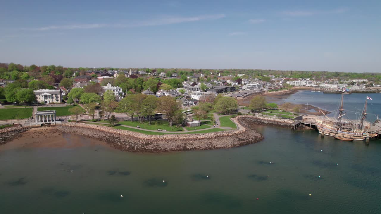 Aerial panorama of waterfront Plymouth, Massachusetts, 4K