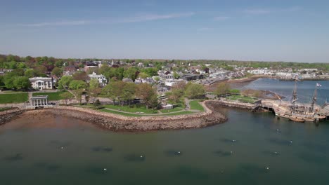 aerial panorama of waterfront plymouth, massachusetts, 4k