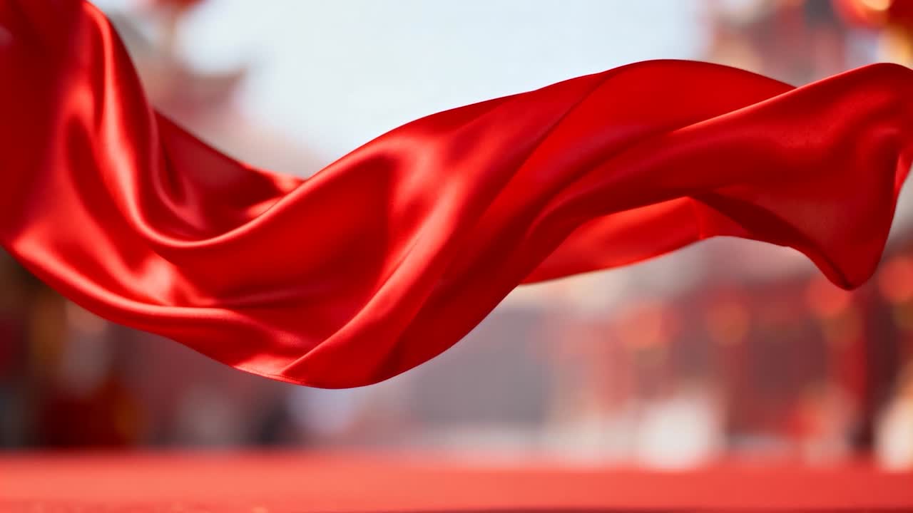 Tessuto di raso rosso fluttuante, che ondeggia e si abbassa in un cortile cerimoniale all'aperto, mosso dalla brezza
