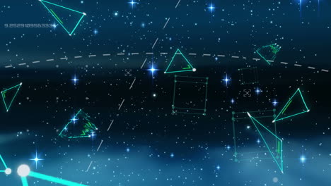 animation of network of connections with green triangles and glowing stars on blue background