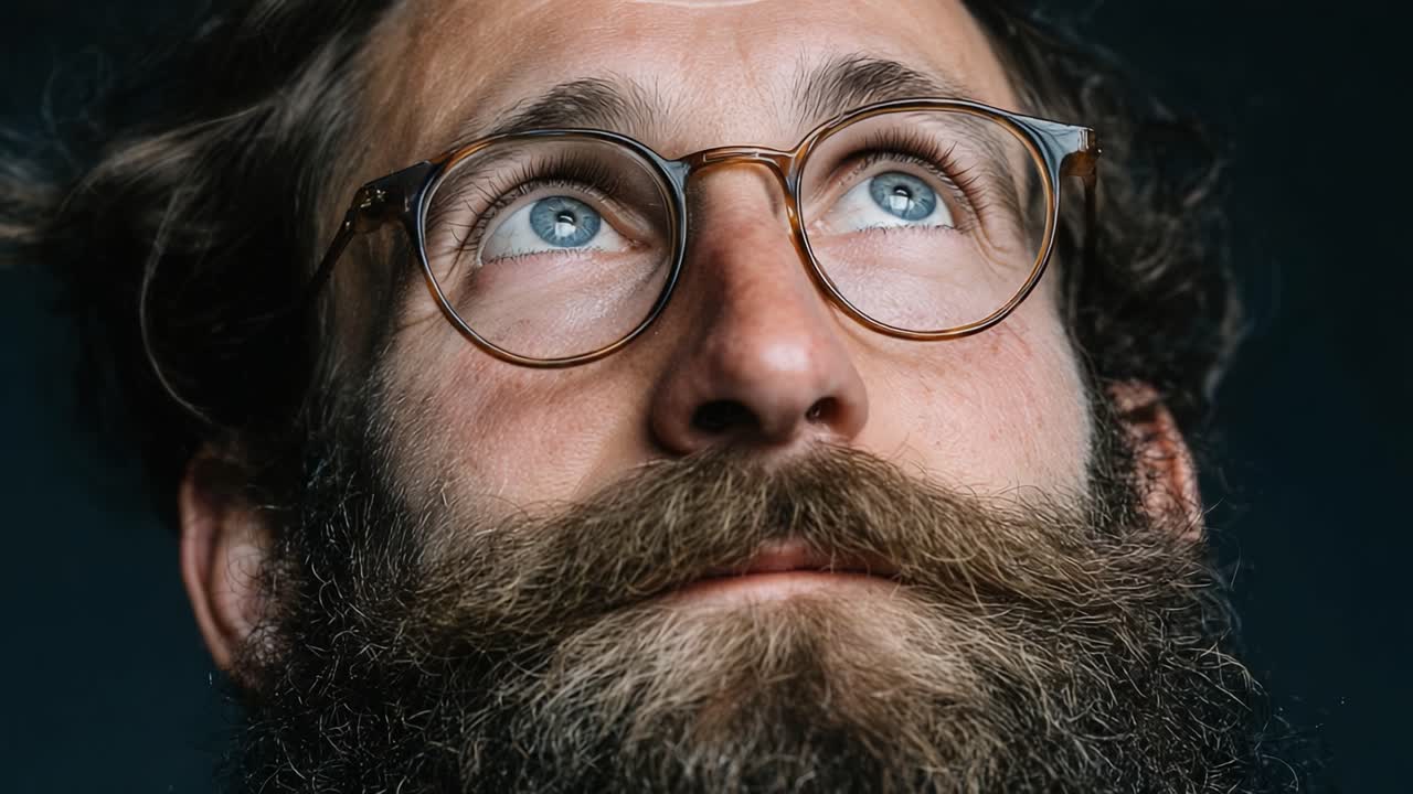 A Thoughtful Portrait of a Man with Glasses, Capturing Intense Reflection and Depth Through His Eyes and Well-Groomed Beard in a Dark Setting