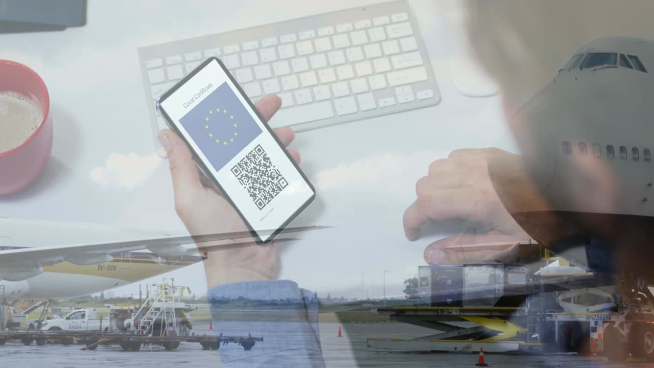 Digital composition of man holding a smartphone with qr code on screen against view of airport
