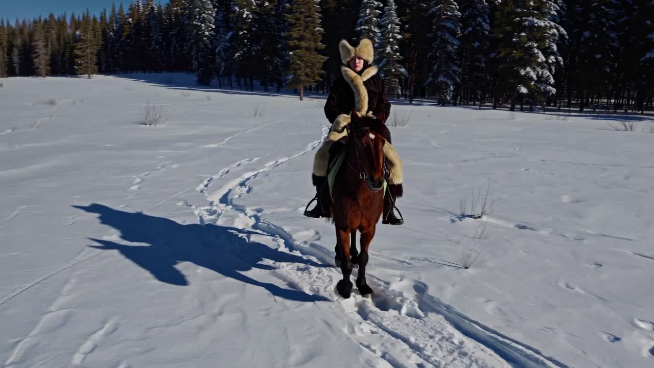 A person rides a horse through snowy woods, captured in a side angle