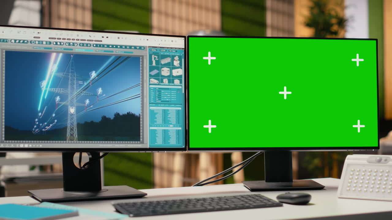 Close Up Of Electrical Grid Infrastructure Data On Green Screen Pc