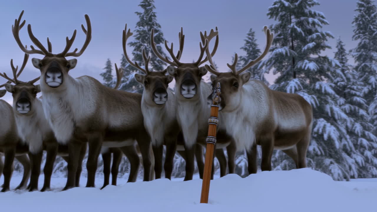 Reinsdyrflokk står i en snødekt vinterskog