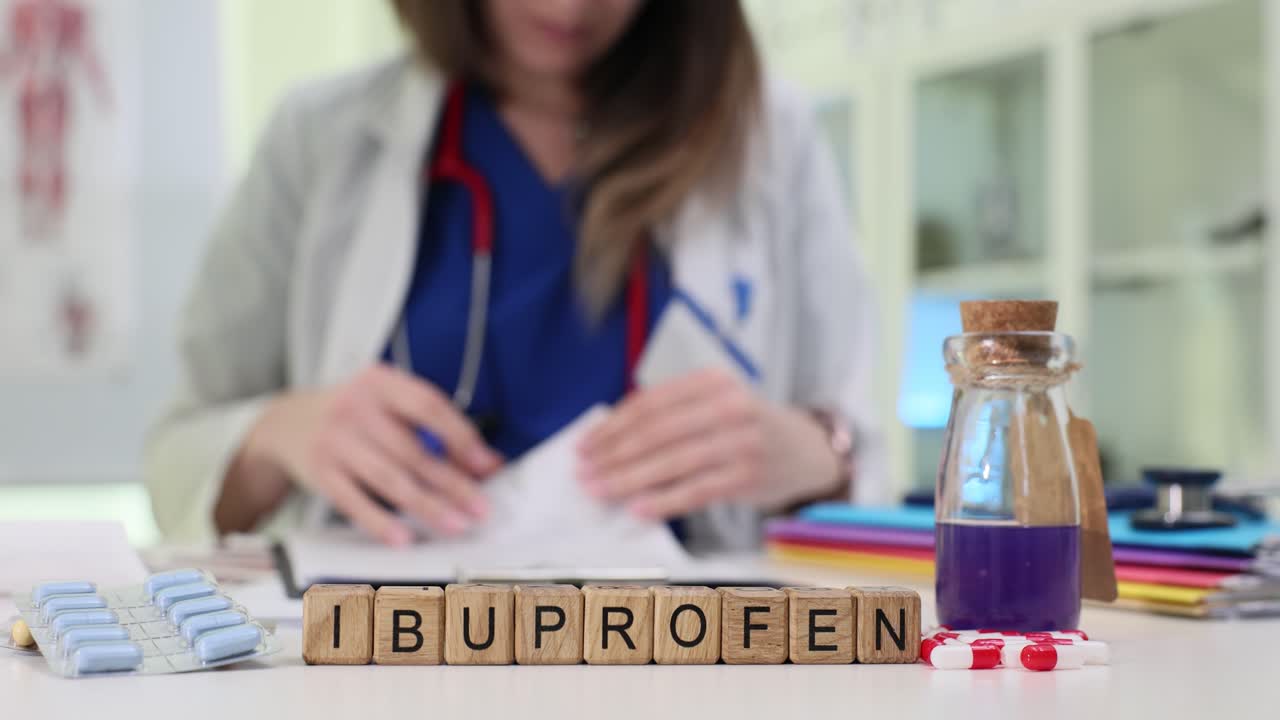 Ibuprofen Medication on Doctor's Desk with Medical Professional Working