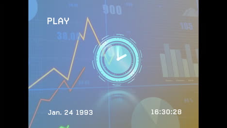 financial data and clock animation over fluctuating stock market graph
