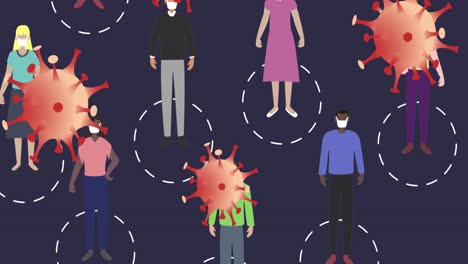 animación de la caída de las células de covid 19 máscara facial sobre las personas que llevan máscaras faciales