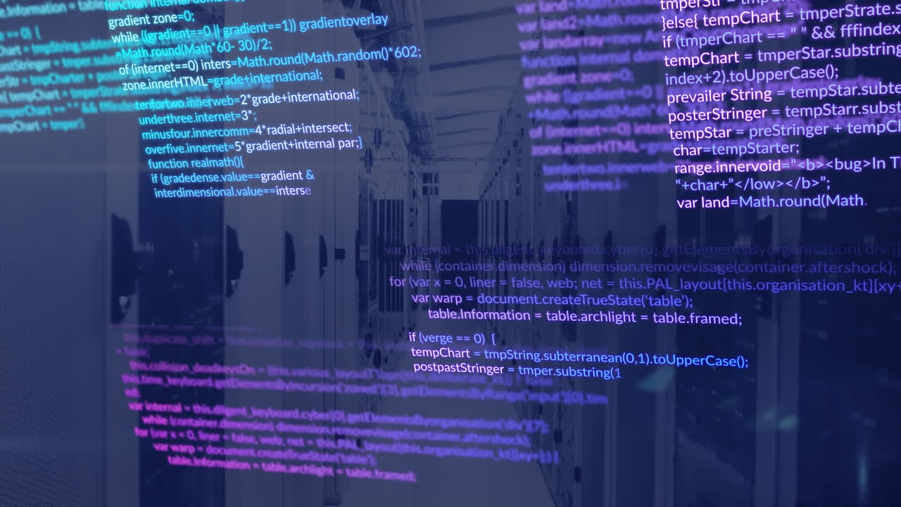 Animation of data processing and mosaic squares against computer server room